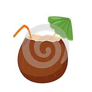 Exotic coconut cocktail with straw and umbrella