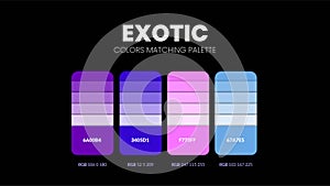 Exotic color scheme. Color Trends combinations and palette guide. Example of table color shades in RGB and HEX. Color swatch for