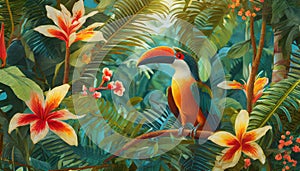 Exotic colorful tropical bird on background of leaves and flowers