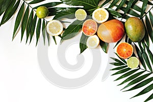 Exotic composition of fresh mango, lemons, oranges, lime fruit and lush green palm and aralia leaves isolated on white