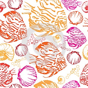 Exotic coral fishes and shells illustration seamless pattern