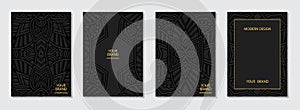 Exotic cover set, vertical vector templates. Collection of black backgrounds with 3d geometric pattern. Tribal ethnicity