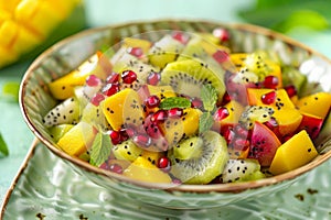 Exotic Delights A Bowl of Kiwis, Bananas, and Pomegranate