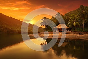 exotic destination at sunset, with the sun setting and casting a warm glow on the landscape