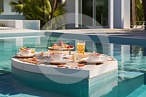 Exotic dining floating breakfast table by the resort pool, tropical delight