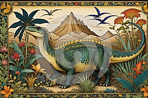 Exotic Dinosaur Bestiary in the Style of a Medieval Illuminated Manuscript: Dinosaur Species Richly Illustrated