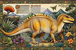 Exotic Dinosaur Bestiary in the Style of a Medieval Illuminated Manuscript: Dinosaur Species Richly Illustrated