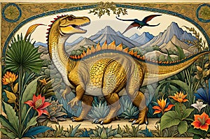 Exotic Dinosaur Bestiary in the Style of a Medieval Illuminated Manuscript: Dinosaur Species Richly Illustrated