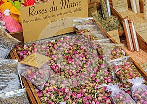 Exotic dried Moroccan roses  for sale at a local outdoor farmers market in Nice, France