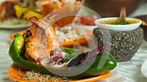 Exotic and elegant seafood dishes on a table