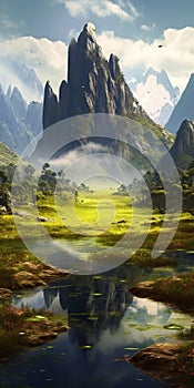 Exotic Fantasy Landscape Artwork Of Mountains, Grass, And Water In 32k Uhd