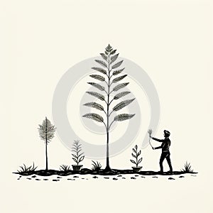 Exotic Flora And Fauna: A Minimalistic Illustration Of A Man Planting A Fern Seed