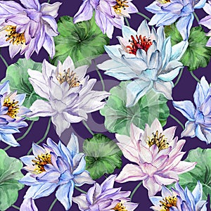 Exotic floral seamless pattern. Large blue, pink and lilac lotus flowers with green leaves on dark purple background.