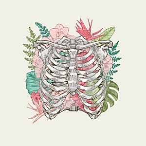 Exotic florals vintage rib cage illustration.