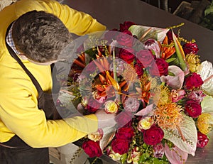 In exotic flower shop florist finishing bouquet