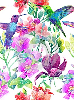 Exotic flowers and birds