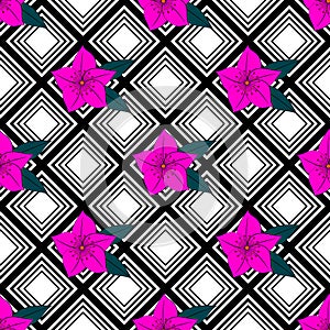 Exotic flowers on a geometric ornament. Seamless tropical pattern. Modern design for printing on fabric, wrapping paper. Vector il
