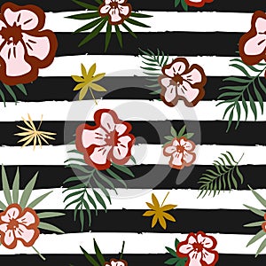 Exotic flowers and leaves on a striped background, topical blossoms, palm leaves repeated pattern, seamles exotic summer pattern,