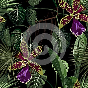 Exotic flowers seamless pattern. Tropical yellow brown orchid flowers and palm leaves in summer print.