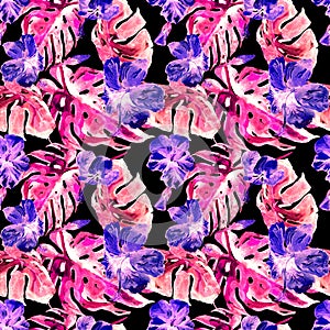 Exotic Flowers. Watercolor Seamless Pattern.