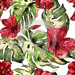 Watercolor Seamless Pattern. Hand Painted Illustration of Tropical Leaves and Flowers. Tropic Summer Motif with Hibiscus Pattern.