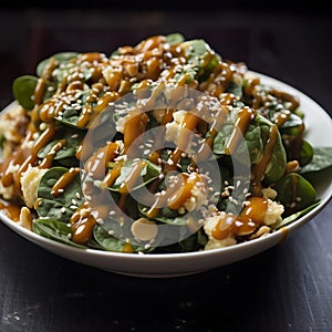 Exotic food with a delicious fusion of flavors in popcorn salad with caramel and spinach.