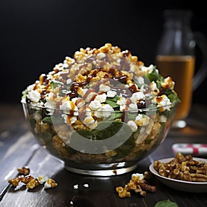 Exotic food with a delicious fusion of flavors in popcorn salad with caramel and spinach.