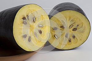 The exotic fruit jambolan sliced on white background photo