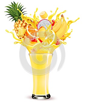 Exotic fruit juice splash. Whole and sliced pineapple, orange, limon, peach, banana and dragon fruit in a sweet juce or cocktail