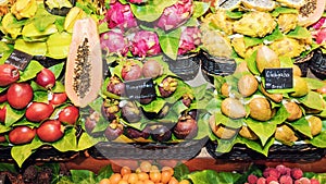 Exotic fruit on market counter