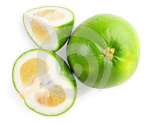 Exotic fruit oroblanco whole, half and piece on white background, isolated. The view from top