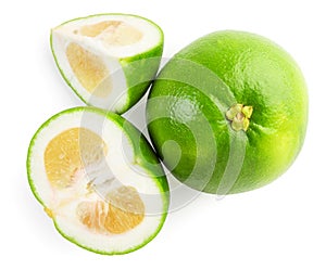 Exotic fruit oroblanco whole, half and piece on white background, isolated. The view from top photo