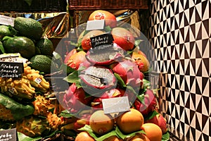 Exotic fruit for sale at the market counter