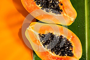 Exotic fruits background. Papaya orange fresh fruits on tropical leaf green background