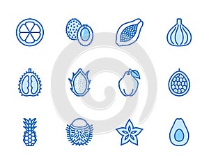 Exotic fruits, berry flat line icons set. Papaya, dragon fruit, rambutan, fig, mangosteen, avocado, starfruit vector