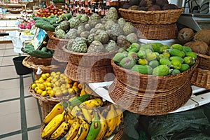 Exotic fruits on the counter. Delicious and healthy tropical fruits.