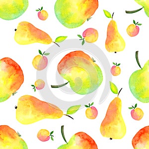 Exotic fruits illustration. Watercolor red yellow pear and apples seamless pattern isolated on white background. Fruits