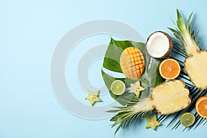 Exotic fruits and palm leaves on blue background