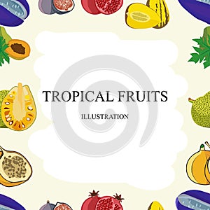 Exotic fruits seamless pattern of vector tropical mango and grapefruit or orange, carambola and dragon fruit, guava and longan,