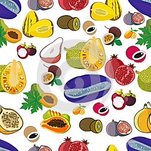 Exotic fruits seamless pattern of vector tropical mango and grapefruit or orange, carambola and dragon fruit, guava and longan,