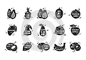 Exotic fruits, silhouette stickers set. Papaya, pitaya, guava, durian, coconut, banana, kiwi