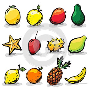 Exotic fruits sketch drawing set