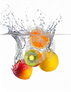 Exotic fruits splash in clear water isolated on white