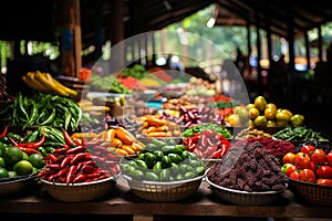 Exotic fruits and vegetable variety at market in Vietnam, healthy eating, expanding taste palate