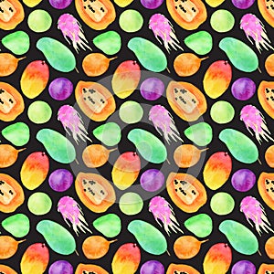 Exotic fruits watercolor illustration. Seamless pattern photo