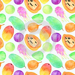 Exotic fruits watercolor illustration. Seamless pattern photo