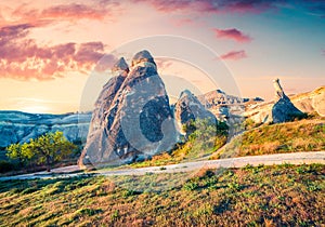 Exotic fungous forms of sandstone in the canyon near Cavusin village, Cappadocia, Nevsehir Province in the Central Anatolia Region