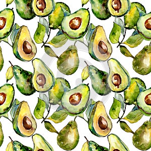 Exotic green avocado wild fruit in a watercolor style pattern.