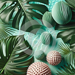 exotic green monstera leaves and palm branches, summer tropical backgrounds