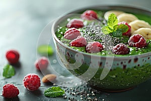 Exotic green smoothie bowl with chia and berries
